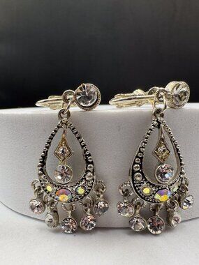 Vintage Rhinestone Chandelier Screw Back Earrings Silver Tone AB Crystal Dangle